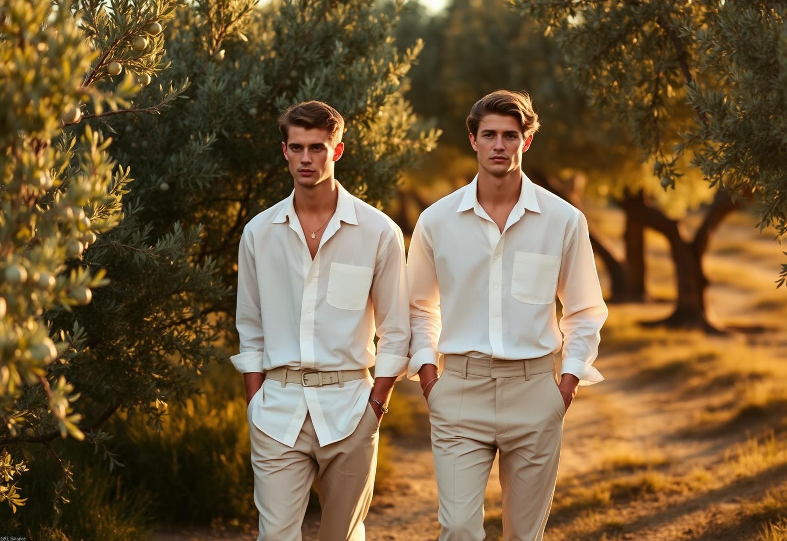 Veara Homme Spring campaign — two male models in cream linen and beige tailoring in a Mediterranean olive grove at golden hour